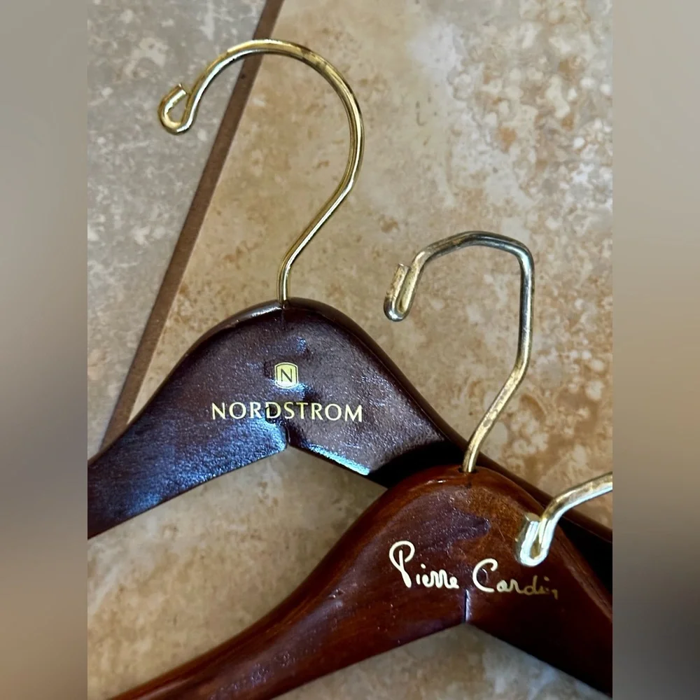 4 Designer/Department Store Wooden Slack Hangers. Dark wood w/gold hanger.